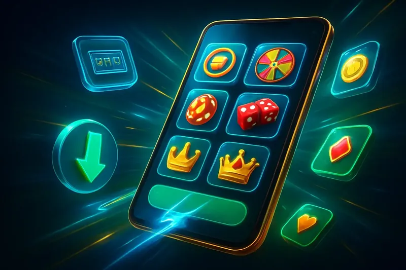 Glossy smartphone casino app banner with neon download effects