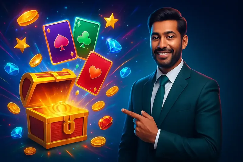 Glowing reward chest with bonus cards, coins, gems, and stars
