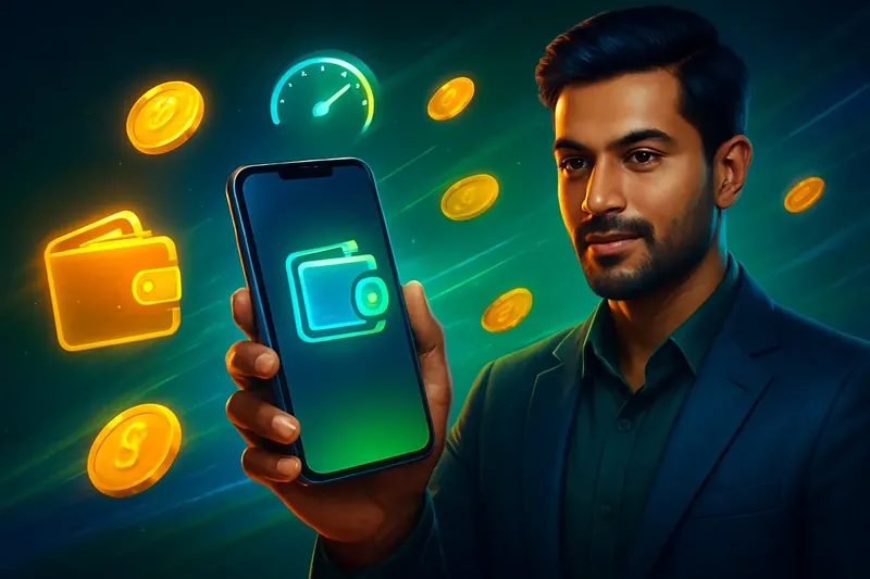 Hand holding smartphone with secure mobile wallet and casino payment glow