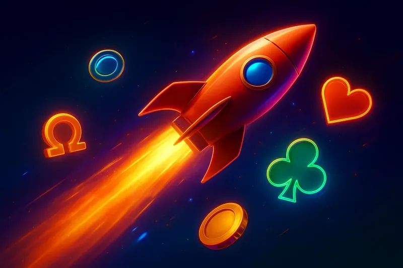 Glossy rocket launch casino banner with neon speed trails and particles