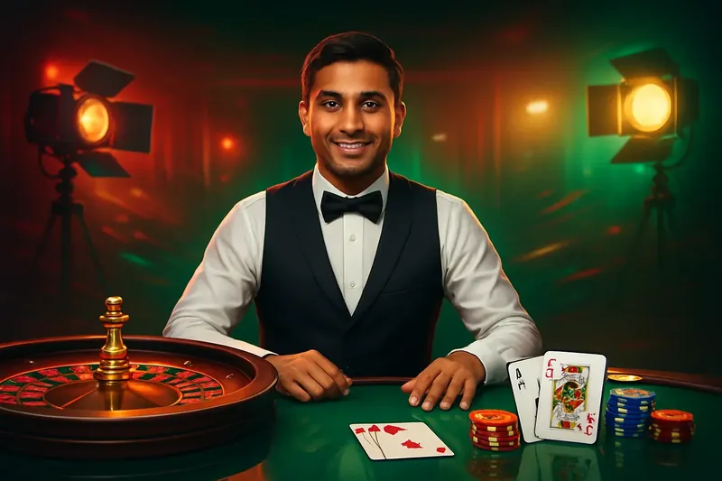 Friendly professional live dealer with roulette, cards, chips, and studio lights