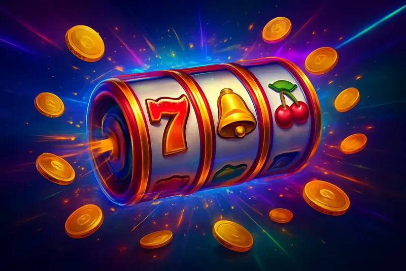 Colorful spinning slot machine reels with coins, sparkles, and neon glow